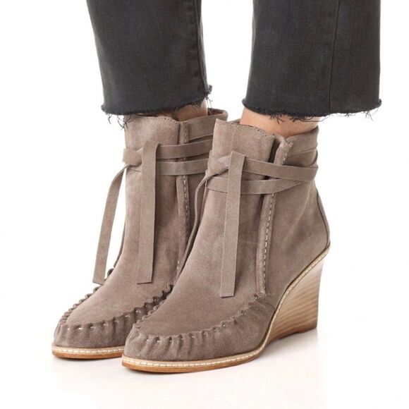 Anthropologie Matiko taupe suede leather tie wedge boots size 38 - Picture 1 of 11